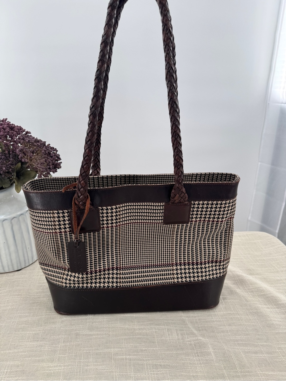90s Ralph Lauren Leather Houndstooth Braided Strap Tote Bag Equestrian Old Money